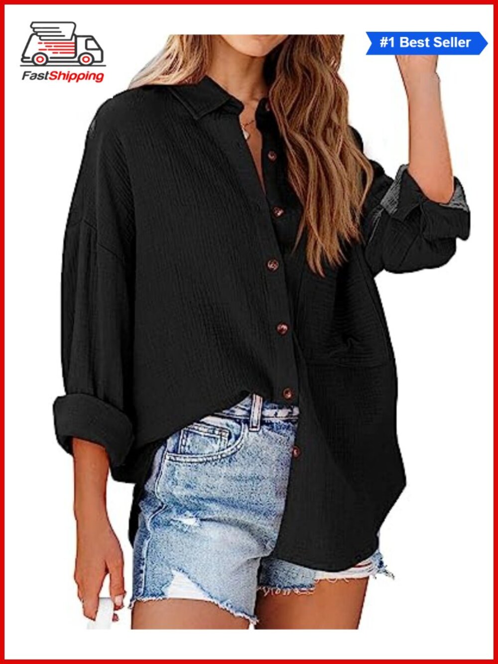 Women's Long Sleeve Button Down Blouse V-Neck Roll-Up Sleeves
